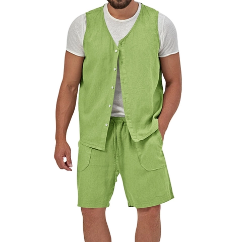 Conjunto Casual para Hombre de Mezcla de Algodón Efecto Lino Chaleco Y Pantalones Cortos De Un Solo Pecho Cuello en V Cordón Atuendo de Playa de Verano para Hombre