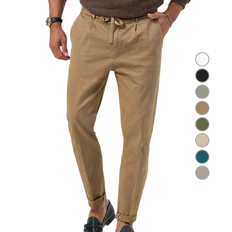 Men's Casual Chinos Cotton Blend Drawstring Waist Slim Fit Tapered Trousers Solid Color Cuffed Hem Pants For Daily Wear