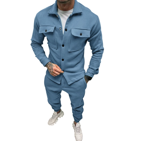Conjunto Deportivo Casual para Hombre Cuello Polo Chaqueta de Manga Larga y Pantalones de Chándal Mezcla de Algodón Moda Urbana