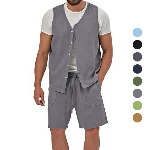 Conjunto Casual para Hombre de Mezcla de Algodón Efecto Lino Chaleco Y Pantalones Cortos De Un Solo Pecho Cuello en V Cordón Atuendo de Playa de Verano para Hombre