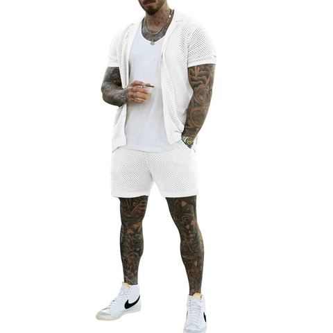 Uomo Casual Estivo Maglia A Rete Set Due Pezzi Revers Cardigan Camicia Manica Corta E Pantaloncini Tuta Outfit Spiaggia