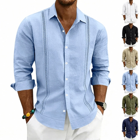 Men's Casual Linen Long Sleeve Shirt Vintage Guayabera Style Hollow Out Embroidery Lapel Button Down Beach Vacation Shirt
