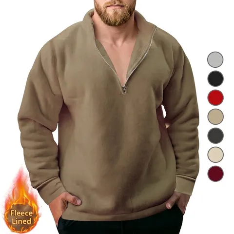 Felpa da Uomo Casual con Mezza Cerniera Collo in Piedi Foderata in Pile Maglione a Maniche Lunghe Tinta Unita Caldo Invernale
