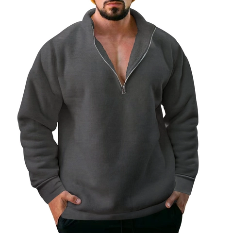 Felpa da Uomo Casual con Mezza Cerniera Collo in Piedi Foderata in Pile Maglione a Maniche Lunghe Tinta Unita Caldo Invernale