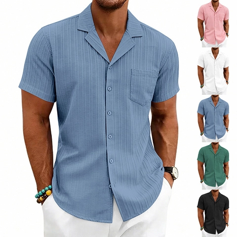 Men Casual Cuban Collar Short Sleeve Shirt Vertical Texture Breathable Button Down Beach Vacation Top With Pocket
