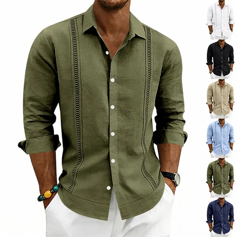 Heren Casual Linnenmix Overhemd Lange Mouw Ruime Pasvorm Revers Guayabera Stijl Opengewerkt Geborduurd Vakantie Top