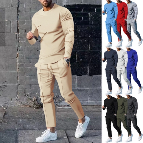 Men Casual Athletic Tracksuit Set Cotton Blend Long Sleeve Top And Drawstring Pants Two Piece Sports Suit For Outdoor Running