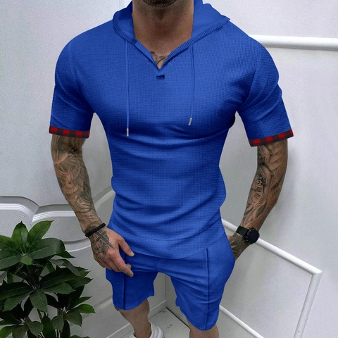 Completo Sportivo da Uomo in Poliestere a Nido d'Ape Con Cappuccio Manica Corta Top E Pantaloncini Patchwork a Quadri
