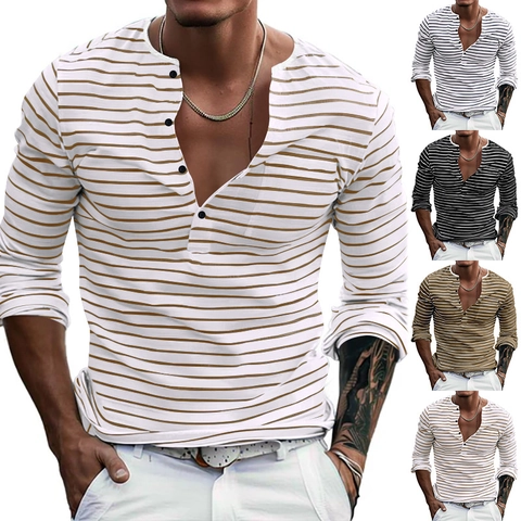 Camiseta Henley de Manga Larga para Hombre Clásica a Rayas Poliéster Elastano Transpirable Top Casual para Otoño Invierno