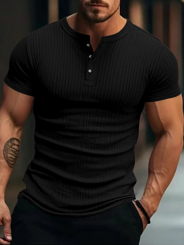 Herren Kurzarm Henley Shirt Gerippte Textur Schmale Passform Atmungsaktiv Casual Sommer Polyester Top Einfarbig Muscle Fit Tee