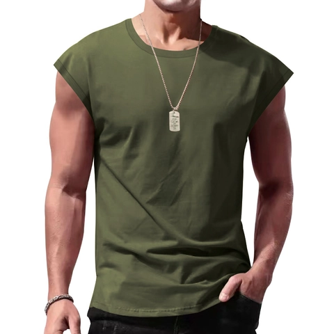 Men Sleeveless T-Shirt Casual Muscle Tank Top Polyester Solid Color Fitness Sports Vest Summer Round Neck Top