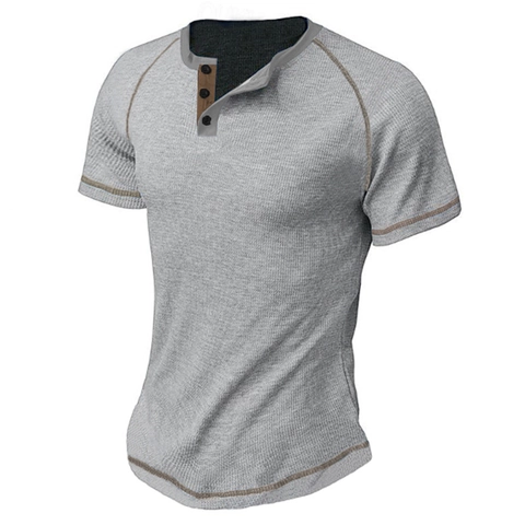 Maglia Henley Casual in Maglia Waffle da Uomo Manica Corta Tinta Unita Raglan Bordo a Contrasto T-Shirt Estate