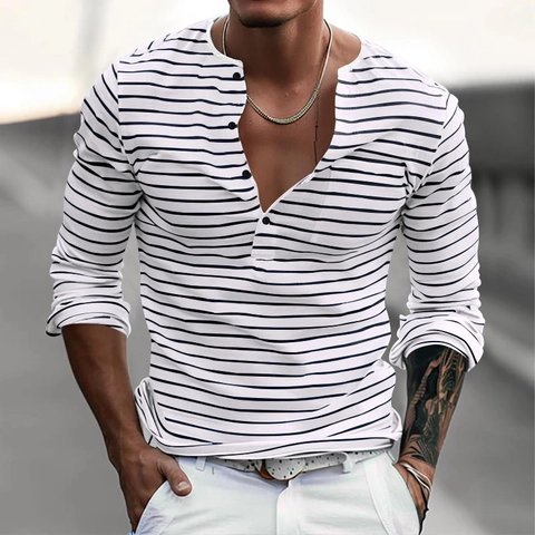 Camiseta Henley de Manga Larga para Hombre Clásica a Rayas Poliéster Elastano Transpirable Top Casual para Otoño Invierno