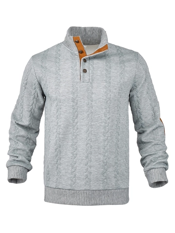 Felpa Casual da Uomo con Trecce Poliestere Spandex Colletto in Piedi Abbottonatura Caldo Pullover Retrò con Toppe sui Gomiti Top alla Moda Autunno Inverno