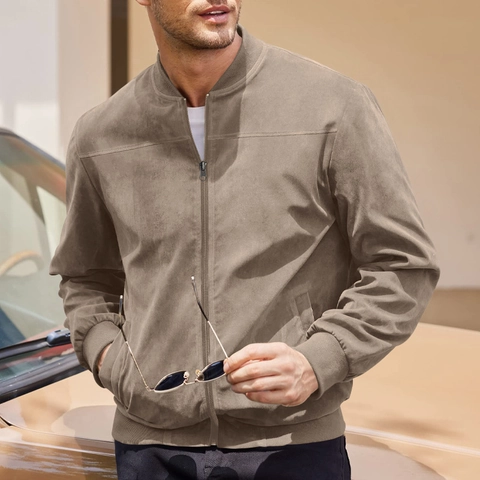 Men Business Casual Faux Suede Bomber Jacket Stand Collar Long Sleeve Zip Up Coat Solid Color Autumn Winter Outerwear