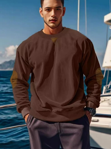 Sudadera de Pana Vintage para Hombre Manga Larga Cuello Redondo Pullover Con Parche en el Codo Color Sólido Casual Retro Top