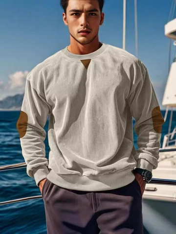 Sudadera de Pana Vintage para Hombre Manga Larga Cuello Redondo Pullover Con Parche en el Codo Color Sólido Casual Retro Top