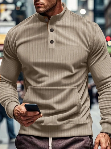 Camiseta Henley para Hombre Pana Parche en Codo Manga Larga Cuello con Botones Bolsillo Canguro Sudadera Casual Vintage Pullover