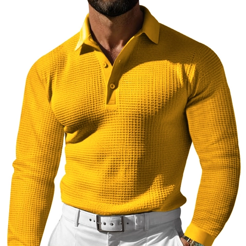 Polo Homme Manches Longues Gaufrette Revers Bouton Casual Uni Slim Fit Tops