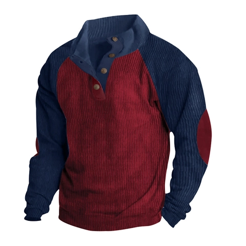 Men's Corduroy Stand Collar Sweatshirt Color-blocking Raglan Sleeve Casual Athleisure Pullover Top With Elbow Patch