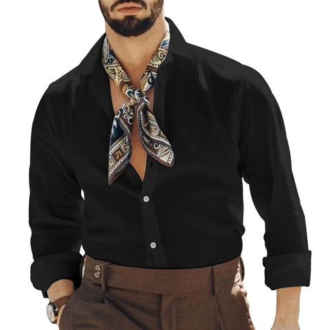 Chemise Casual à Manches Longues en Coton et Lin pour Hommes Revers Classique Couleur Unie Haut Boutonné pour Printemps Été Automne Vêtements pour Hommes