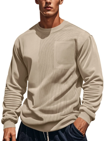 Herren Cord-Patchwork-Sweatshirt Rundhalsausschnitt Langarm-Pullover Mit Brusttasche Lässiges Einfarbiges Top Für Männer
