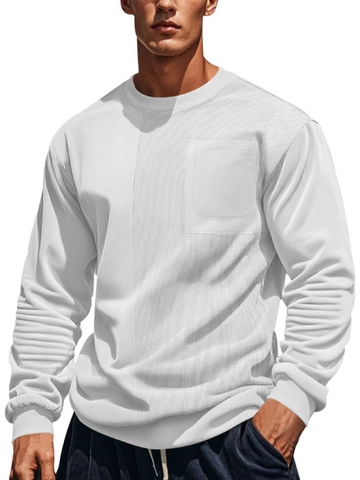 Herren Cord-Patchwork-Sweatshirt Rundhalsausschnitt Langarm-Pullover Mit Brusttasche Lässiges Einfarbiges Top Für Männer