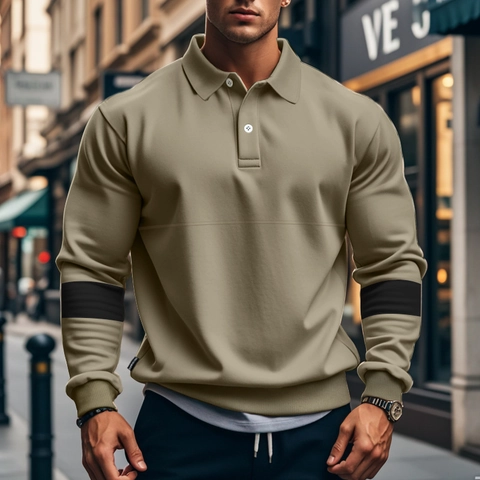 Herren Heavyweight Langarm Polo-Shirt Amerikanisches Retro Kontrastfarbe Patchwork Revers Knopf Casual Sweatshirt Für Herren