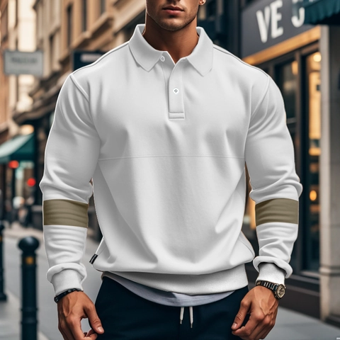 Herren Heavyweight Langarm Polo-Shirt Amerikanisches Retro Kontrastfarbe Patchwork Revers Knopf Casual Sweatshirt Für Herren