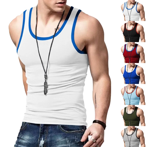 Men Slim Fit Tank Top American Retro Contrast Trim Sports Undershirt Summer Sleeveless Casual Polyester Baselayer Fitness Vest