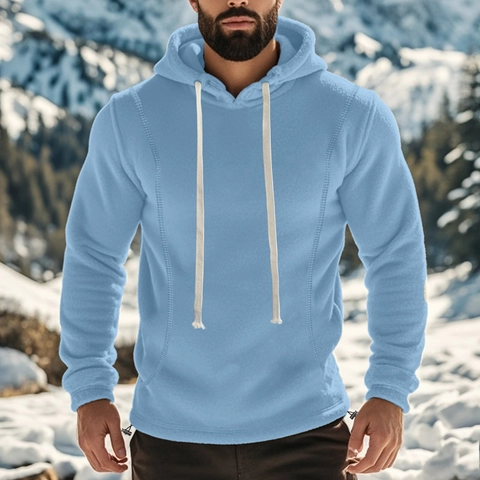 Men's Polar Fleece Hoodie Warm Winter Solid Color Long Sleeve Sweatshirt For Outdoor Casual Basic Hooded Pullover Top