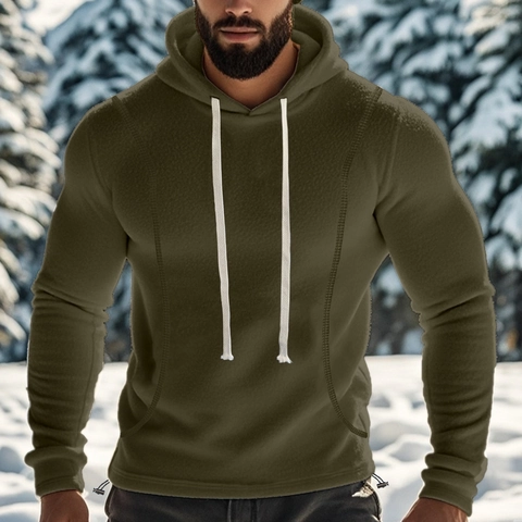 Men's Polar Fleece Hoodie Warm Winter Solid Color Long Sleeve Sweatshirt For Outdoor Casual Basic Hooded Pullover Top