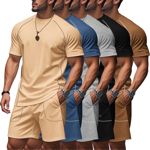 Men Casual Sporty Outfit Raglan Short Sleeve T-shirt And Shorts Polyester Spandex Summer Minimal Contrast Stitching Clothes