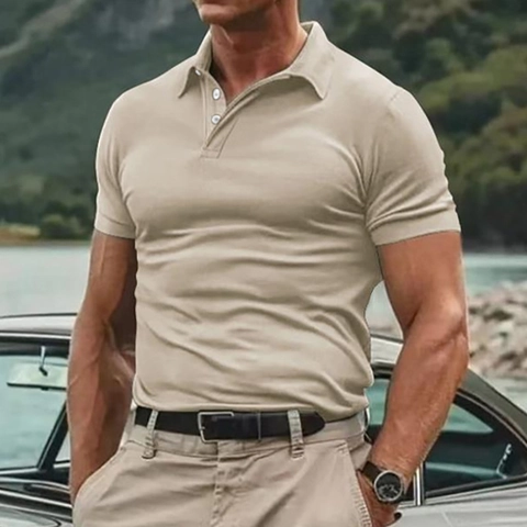 Polo Homme Manches Courtes Boutonné Revers Léger Respirant Maille Haut Mélange Polyester Coton Décontracté Sport Été