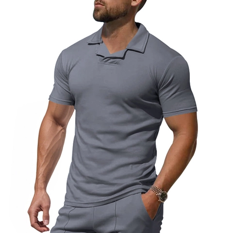 Men's British Style Polo Shirt Notched V-Neck Short Sleeve Top Quick Dry Breathable Casual Sport Knitted Polyester