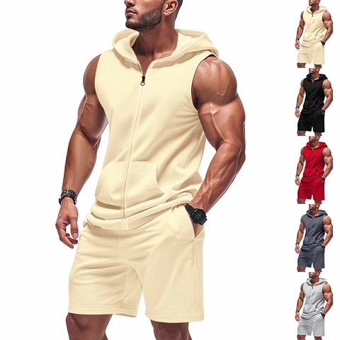 Men Top And Bottom Fitness Training Sleeveless Hoodie Zipper Vest Drawstring Shorts Polyester Knitted Athletic Sportswear Outfit