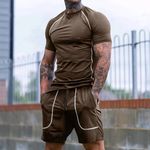 Men Sportswear Outfit Polyester Spandex Breathable Casual Raglan Sleeve T-Shirt And Drawstring Shorts Comfort Sporty Suit