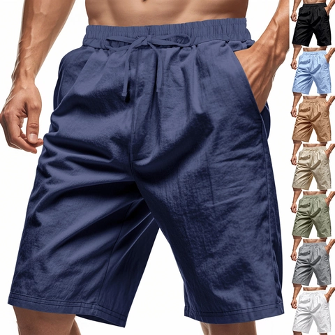 Men's Casual Linen Blend Shorts Summer Plain Elastic Waist Drawstring Beach Shorts With Pockets Breathable Straight Leg Shorts For Men