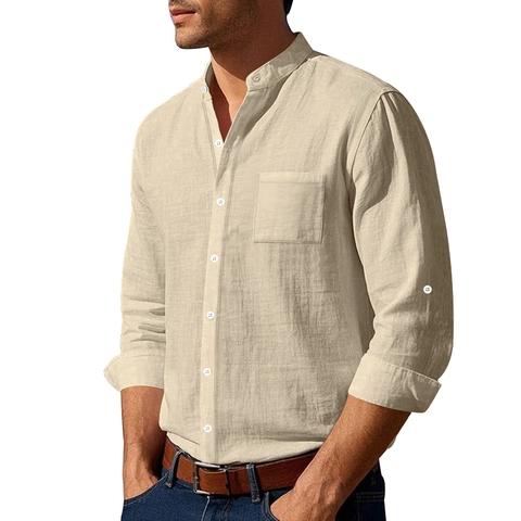 Camisa Casual de Lino para Hombre Manga Larga con Pestaña Enrollable Cuello Mandarín Transpirable Color Sólido con Bolsillo