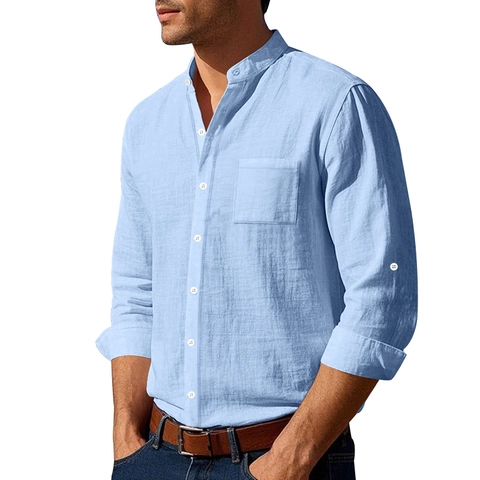 Camisa Casual de Lino para Hombre Manga Larga con Pestaña Enrollable Cuello Mandarín Transpirable Color Sólido con Bolsillo