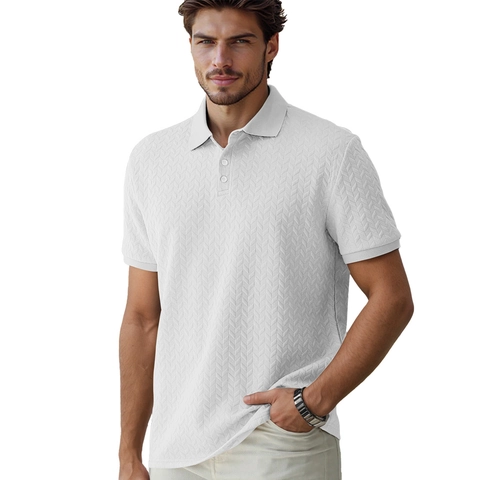 Men's Heavyweight Jacquard Polo Shirt Short Sleeve Relaxed Fit Herringbone Textured Casual Business Top Summer Knitwear