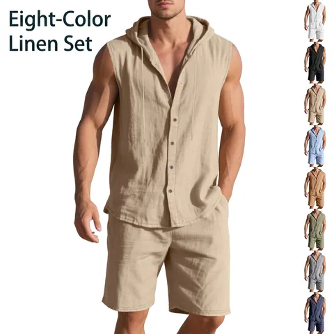 Men Summer Casual Linen Sleeveless Hoodie Shirt and Shorts Set 2 Piece Outfits Lightweight Breathable Woven Beach Top And Bottom