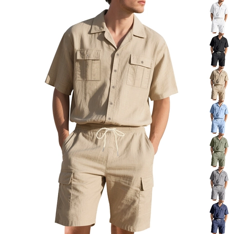 Herren Casual Leinenmischung Kurzarm Hemd Und Shorts Top And Bottom Einfarbig Workwear Sommer Strand Outfit Leicht Bequem Kleidung