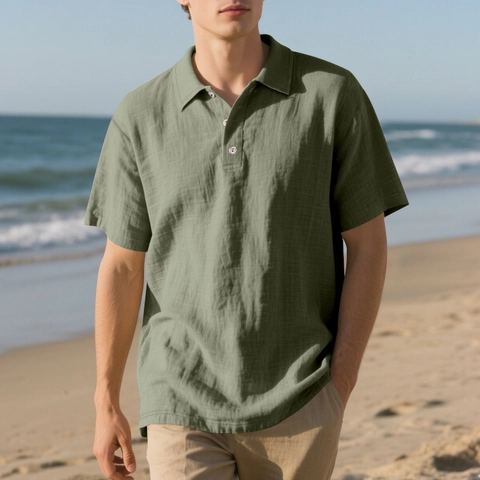 Men British Casual Cotton Linen Polo Shirt Summer Short Sleeve Lapel Button Up Top Breathable Solid Color Loose Fit Shirt
