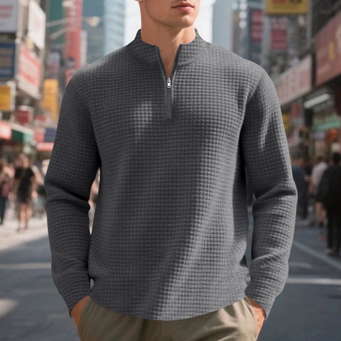 Felpa da Uomo in Maglia a Nido d'Ape Jacquard con Mezza Zip Collo Alto Manica Lunga Smart Casual Poliestere Tinta Unita