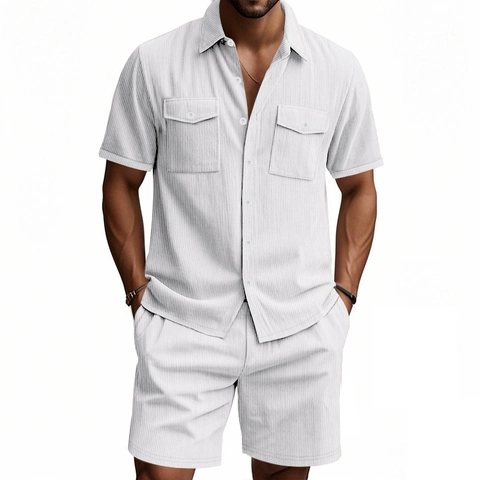Herren Schwergewichtig Cordsamt Top Und Bottom Outfit Lässig Kurzarm Hemd Und Shorts Amerikanische Sommer Outfit