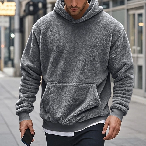 Heren Oversized Fleece Hoodie Effen Kleur Sherpa Textuur Sweatshirt Casual Losse Pasvorm Lange Mouw Zak Top