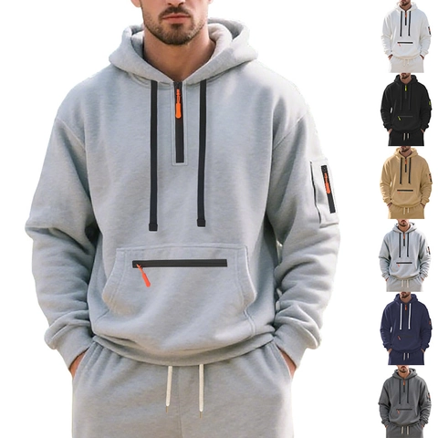 Ensemble Hoodie en Polaire Épaisse pour Hommes avec Demi-fermeture Éclair Sweat-shirt Et Pantalon de Jogging Survêtement Sport Décontracté pour l'Hiver