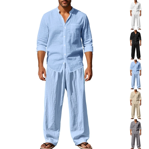 Herren Casual Leinen Henley Hemd Und Hose Atmungsaktiv Sommer Strand Urlaub Outfits Einfarbig Lose Passform Hosen Weiche Kleidung