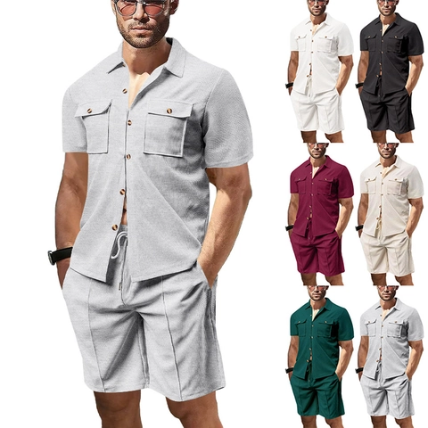 Men Casual Waffle Knit Short Sleeve Shirt And Drawstring Shorts Set Summer Solid Color Pocket Breathable Fashion Suit